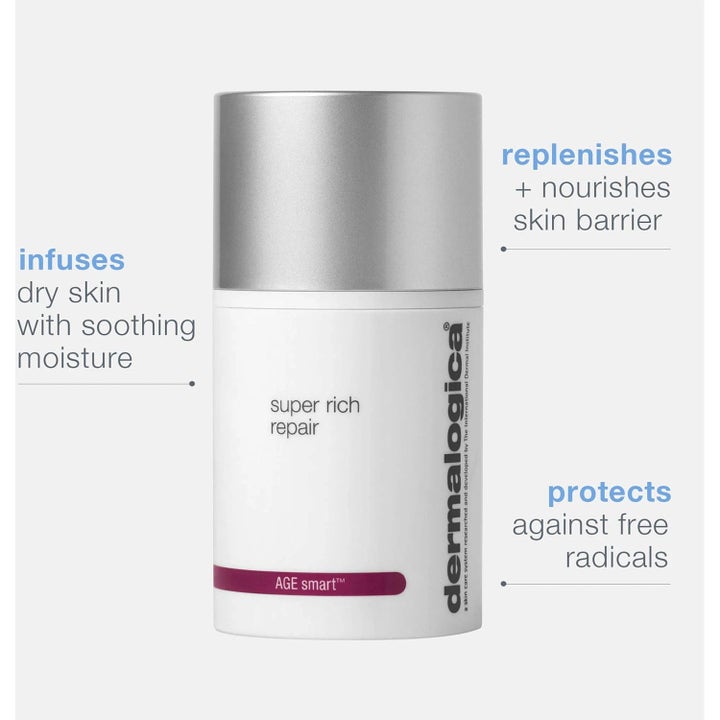 Dermalogica Super Rich Repair 50 ml närande ansiktskräm för anti-age föryngring i vit pumpflaska med silverlock.