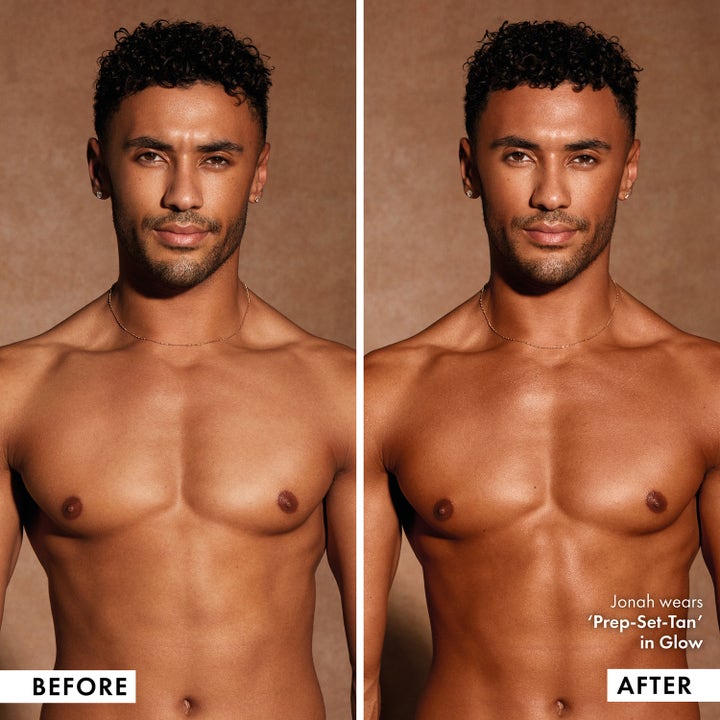 ICONIC London Prep Set Tan Tanning Mist Glow 75 ml brun utan sol spray ger lyster i en före och efter bild.