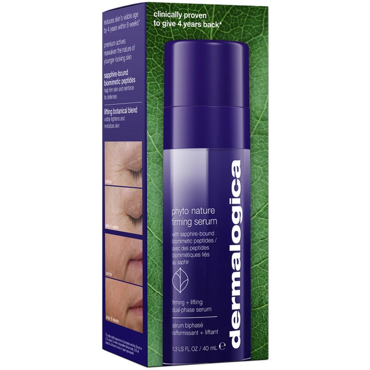 Dermalogica Phyto-Nature Firming Serum 40 ml antiaging serum biomimetiska peptider i lila flaska och box med resultatbilder
