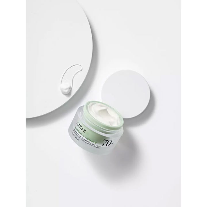 Anua Heartleaf 70 Intense Calming Cream 50 ml lugnande ansiktskräm i glasburk med krämig vit textur
