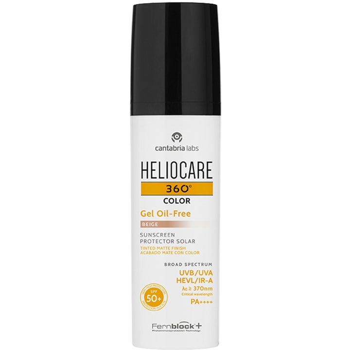 Heliocare 360 Color Gel Oil-Free Beige beige oljefri solkräm i vit flaska med svart lock som ger matt finish