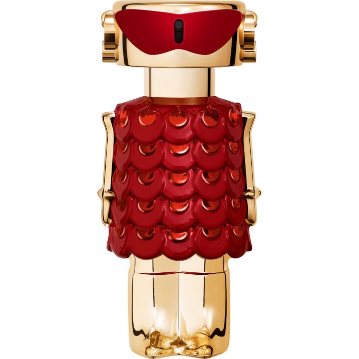 Rabanne Fame In Love Elixir 50 ml intensiv damparfym i guldglänsande robotflaska klädd i röd paljettklänning