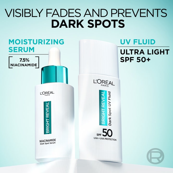L'Oréal Paris Bright Reveal Niacinamide Serum 30 ml och UV-fluid SPF 50+ för effektiv pigmentreducering.