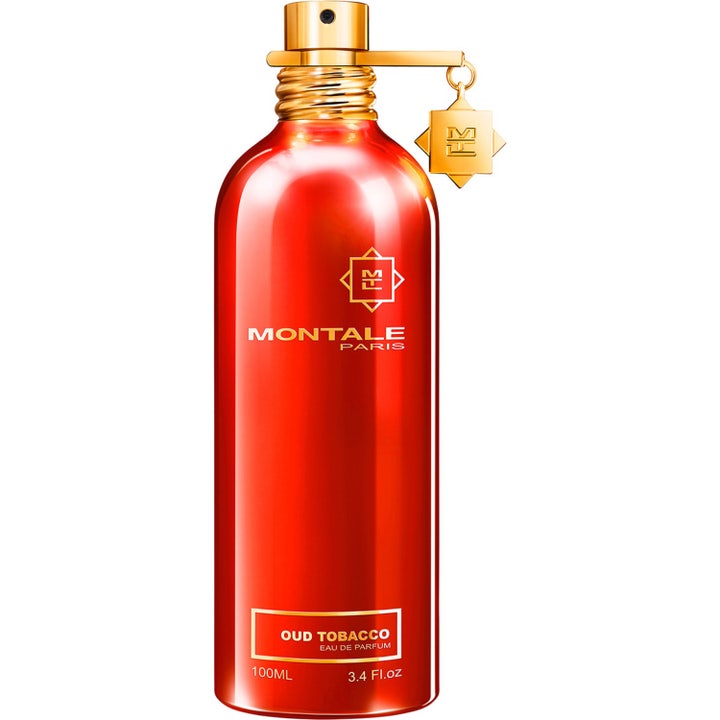 Montale Oud Tobacco 100 ml eau de parfum i en glänsande rödorange metallflaska med guldfärgat spraymunstycke