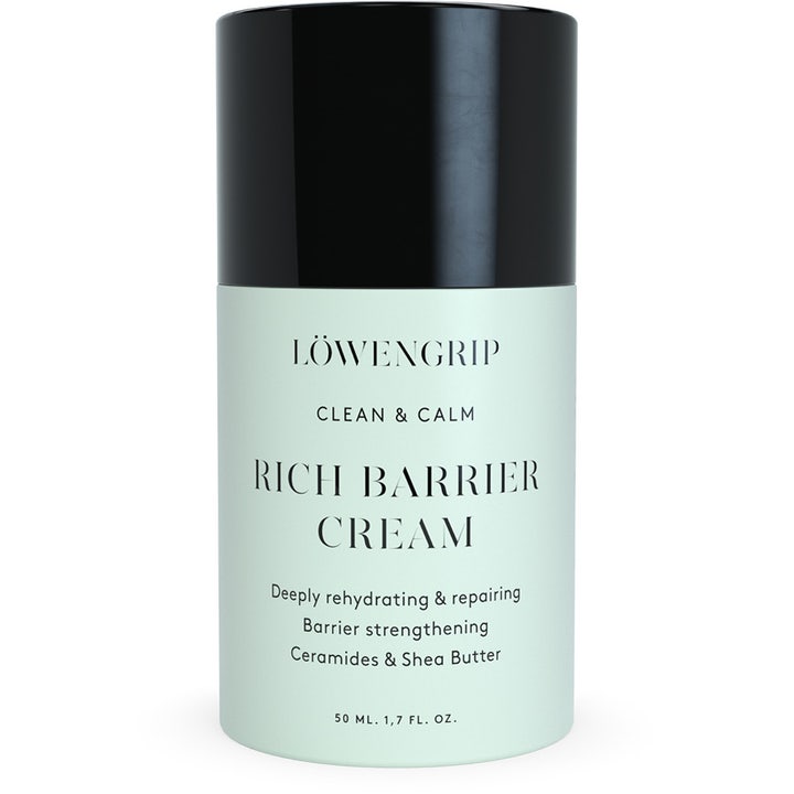 Löwengrip Rich Barrier Cream 50 ml djupt återfuktande ansiktskräm i ljusgrön cylinderformad flaska med svart lock.