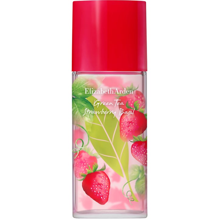 Elizabeth Arden Green Tea Strawberry Basil 100ml fruktig parfym dam i glasflaska med rött lock och mönster av jordgubbar