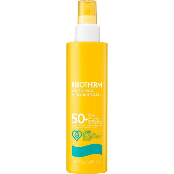 Biotherm Waterlover Milky Sun Spray 200 ml återfuktande biotherm solskydd spray i gul flaska av återvunnen plast