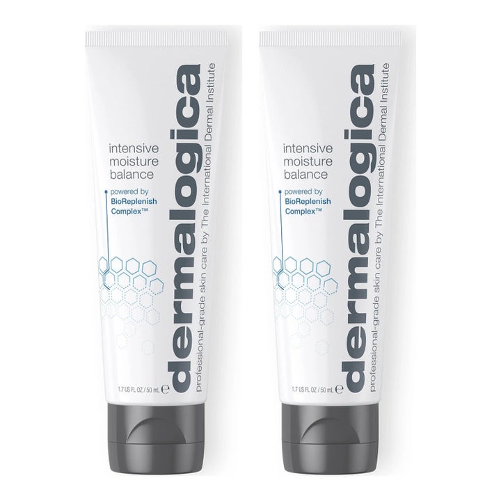 Dermalogica Intensive Moisture Balance 50 ml närande ansiktskräm i två vita tuber med grå lock och blått mönster