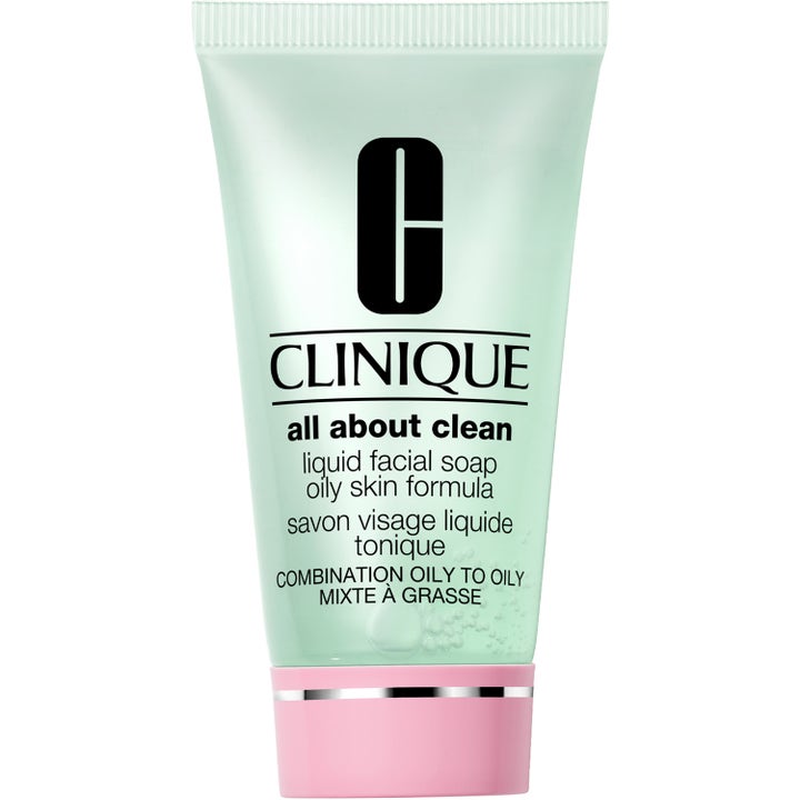 Clinique All About Clean Liquid Facial Soap rengörande ansiktstvål för fet hy i mintgrön tub med rosa lock