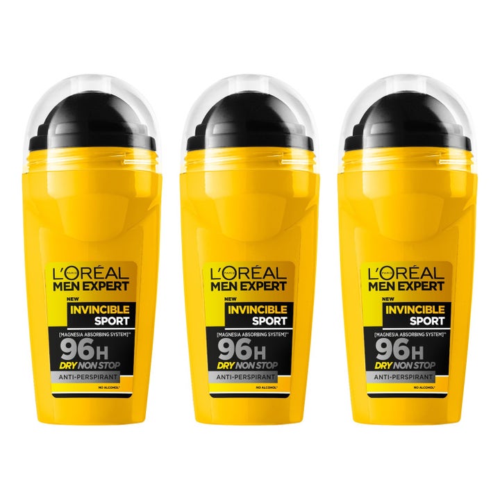 L'Oréal Men Expert Invincible Sport 3x50ml rollon deo ger 96 timmars antiperspirant skydd i gula flaskor.