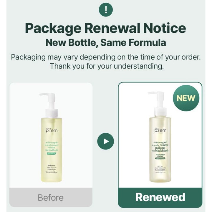 Make Prem Safe Me Relief Moisture Cleansing Oil 210 ml fuktgivande oljerengöring med en klar och ljusgul oljetextur.
