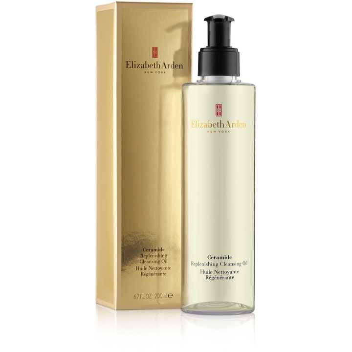 Elizabeth Arden Ceramide Replenishing Cleansing Oil 200 ml rengöringsolja i klar pumpflaska med guldfärgad ytterkartong