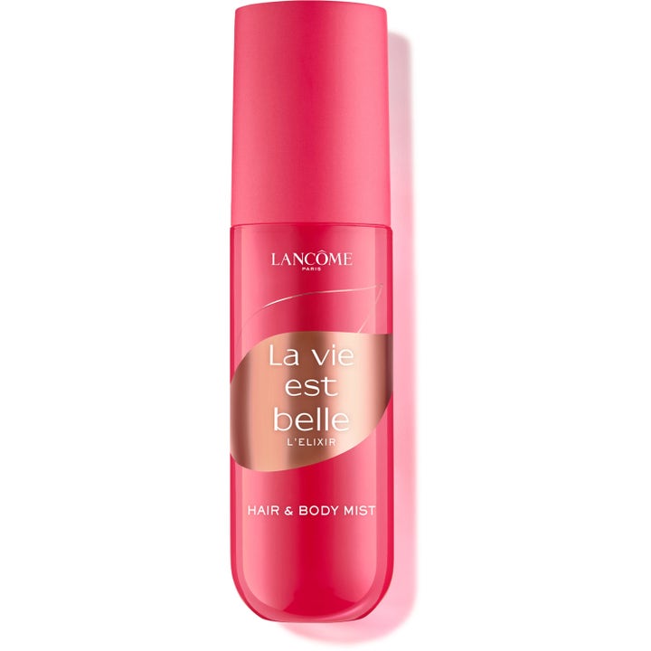 Lancôme La Vie Est Belle L'Elixir Hair And Body Mist 100 ml parfymspray i rosa flaska med mattrosa kork och detaljer i roséguld