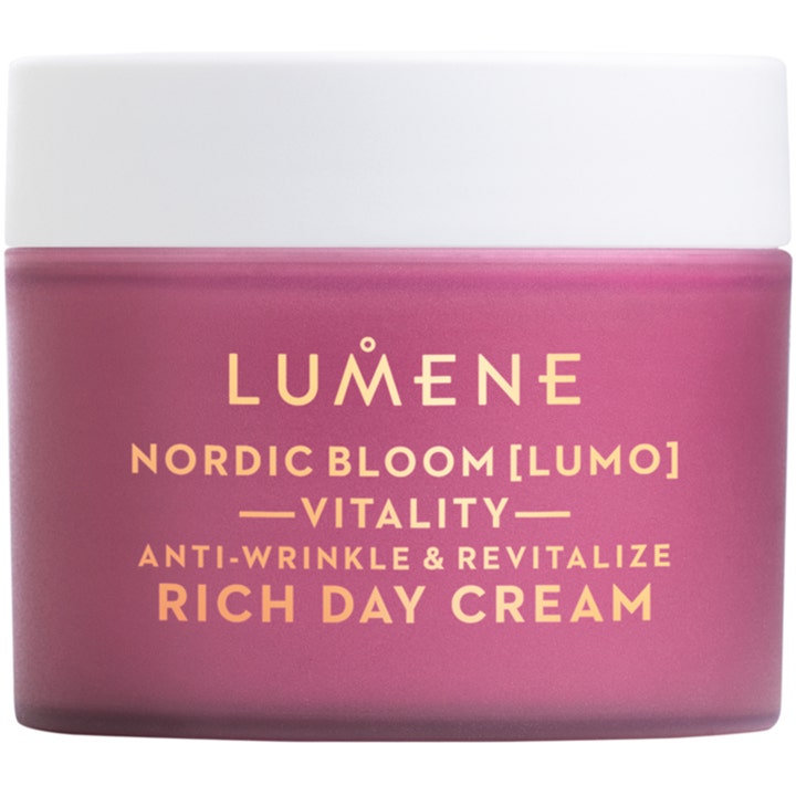 Lumene Nordic Bloom Vitality Rich Day Cream 50 ml anti-age dagkräm som motverkar rynkor i frostad lila glasburk.
