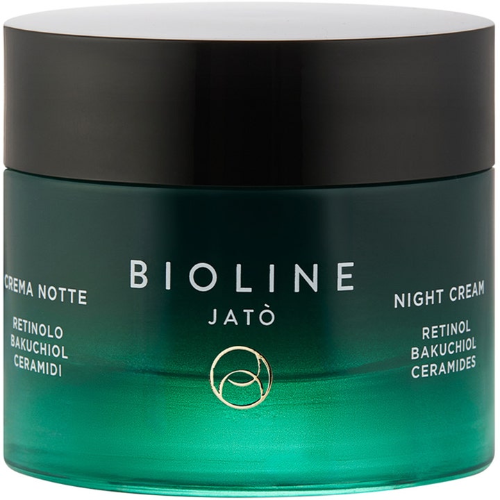 Bioline Jatò Night Cream nattkräm med retinol och bakuchiol ansiktskräm i en mörkgrön glasburk med svart lock.