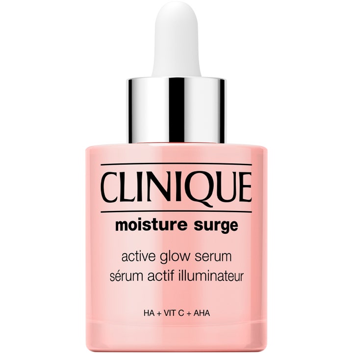Clinique Moisture Surge Active Glow Serum ger lyster och aktiv hydrering i en rosa flaska med silverkork och vit pipett.