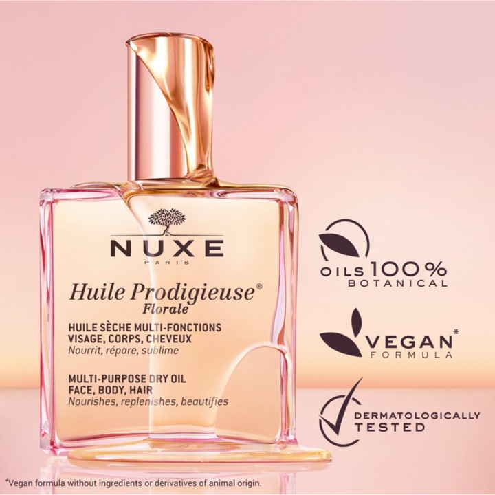 Nuxe Huile Prodigieuse Florale 100 ml vårdande ansiktsolja torr hud i rosa glasflaska med roséguldfärgad kork