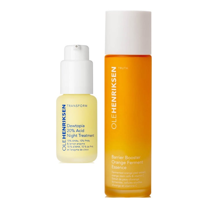 Ole Henriksen Bright Future 148 ml syrabehandling ger lyster i två frostade flaskor i gult och orange med vita lock