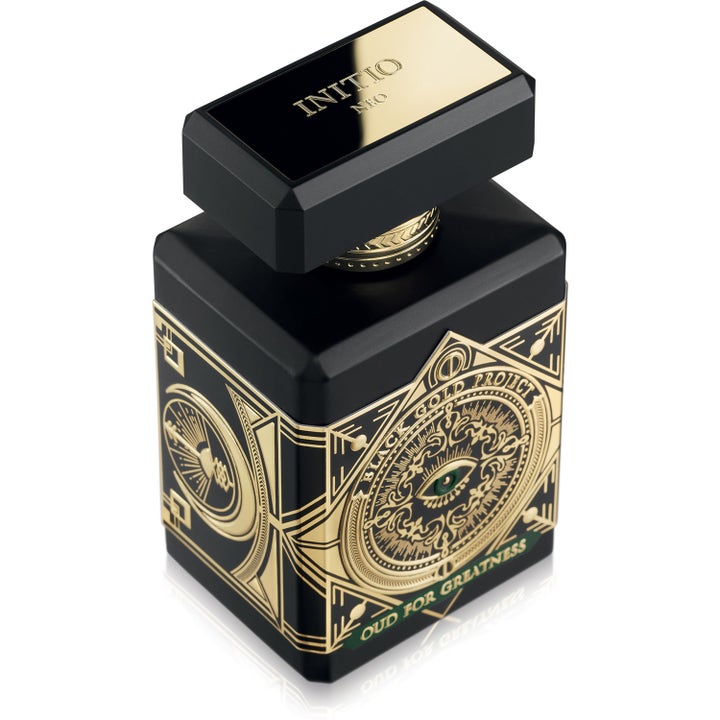 Initio Parfums Privés Oud For Greatness Neo 90 ml eau de parfum i en svart matt flaska med guldiga mönster och öga