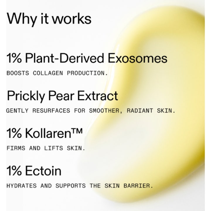 The INKEY List Exosome Hydro-Glow Complex 30 ml antiaging serum för hudförnyelse visar en ljusgul geltextur och ingredienser.