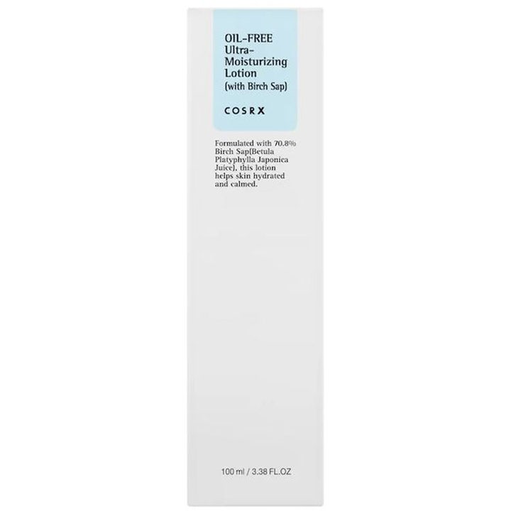 COSRX Oil Free Ultra Moisturizing Lotion 100 ml fuktgivande lotion med björksaft i vit och ljusblå ytterbox