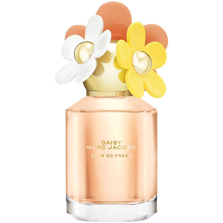 Marc Jacobs Daisy Ever So Fresh EdP 30 ml parfym i glasflaska med persikofärgad vätska och blommor på guldlock