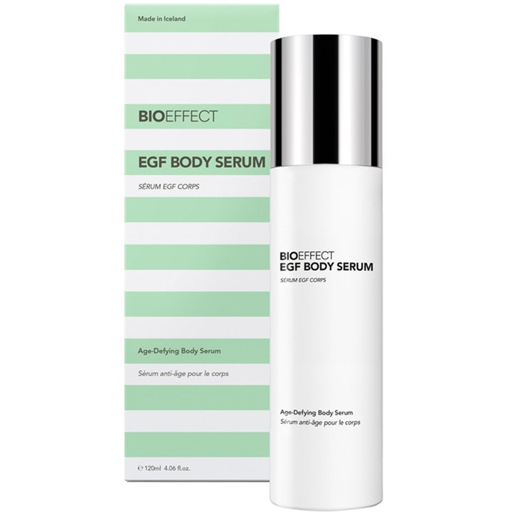Bioeffect EGF Body Serum 120 ml age defying body serum i vit flaska med silverkork framför randig ask