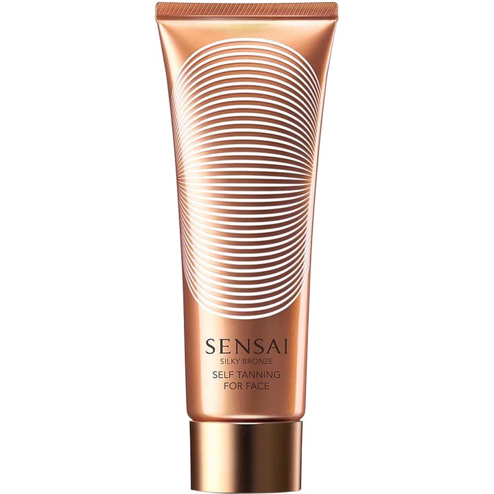 Sensai Silky Bronze Self Tanning For Face 50 ml ger lyster som ansiktsbrunare i en bronsfärgad tub med vita cirklar.
