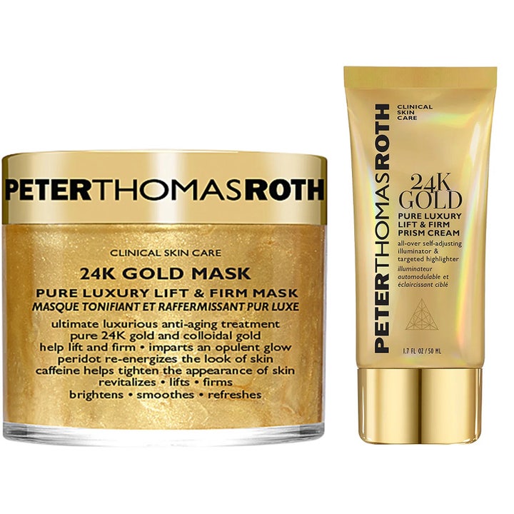 Peter Thomas Roth 24K Gold Mask och Prism Cream 50 ml lyftande hudvård i guldfärgad glasburk och skimrande tub