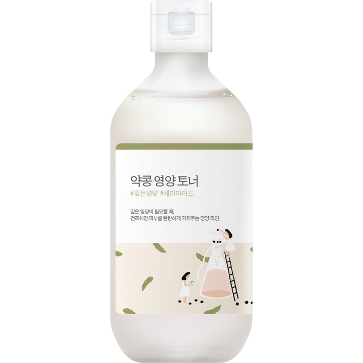 Round Lab återfuktande toner Soybean Nourishing 300ml närande toner i en vit frostad flaska med illustration av bönor.