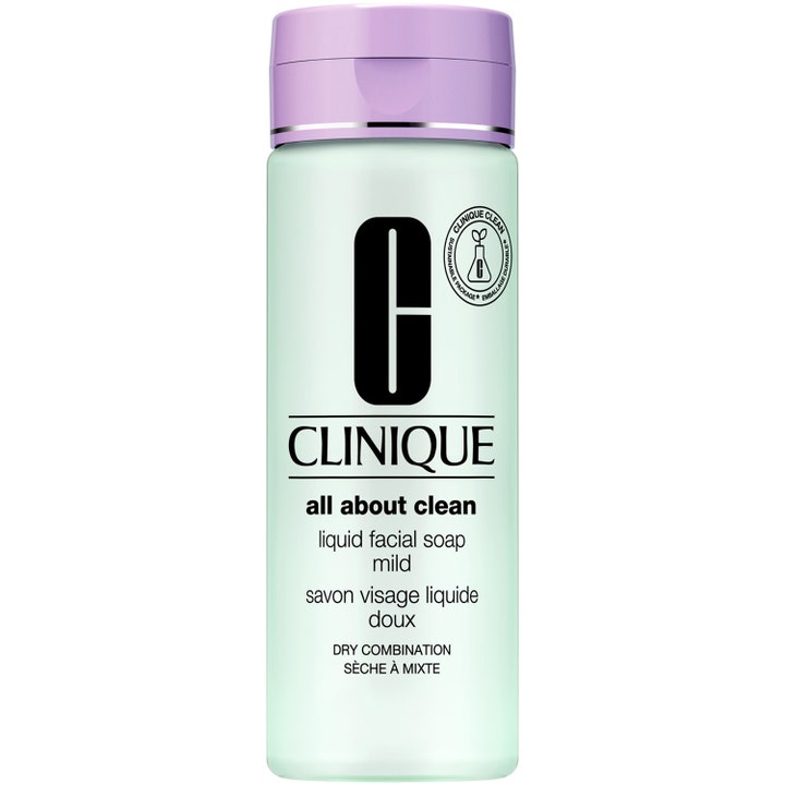 Clinique All About Clean mild ansiktsrengöring för torr hud i en mintgrön flaska med lila kork och silverdetalj.