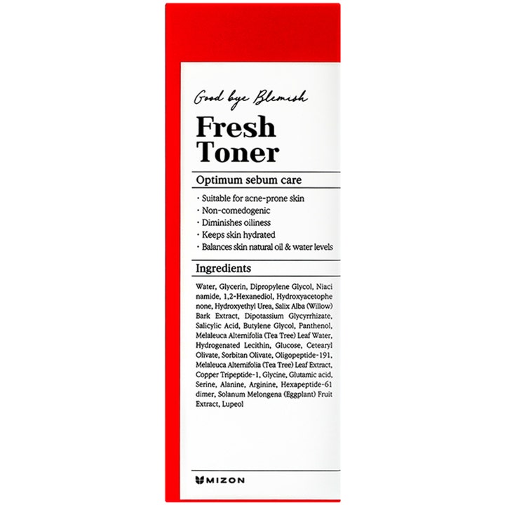 Mizon Good Bye Blemish Fresh Toner 120 ml balanserande toner i vit förpackning med röd ram och tydlig ingredienslista.