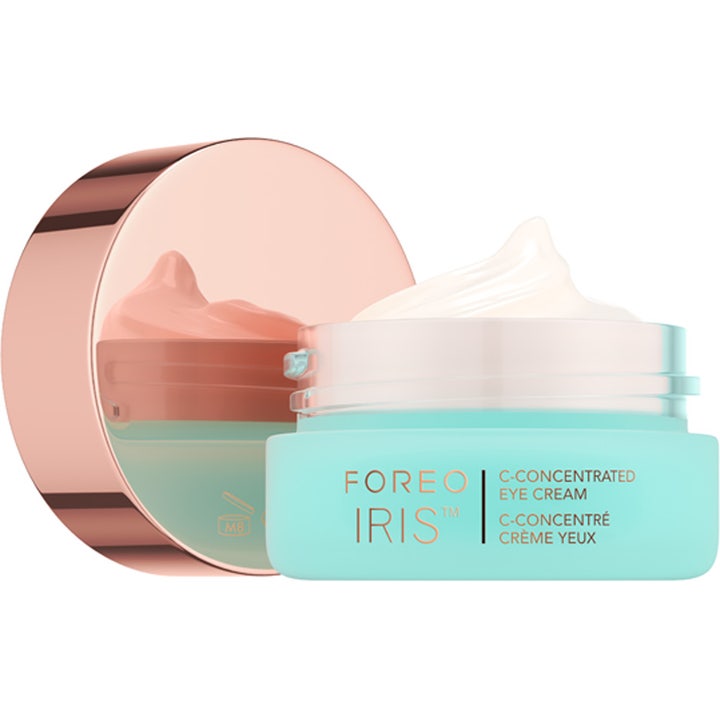 FOREO IRIS C-Concentrated Brightening Eye Cream 15 ml ögonkräm med vitamin C i mintgrön burk med lyxigt roséguldfärgat lock.