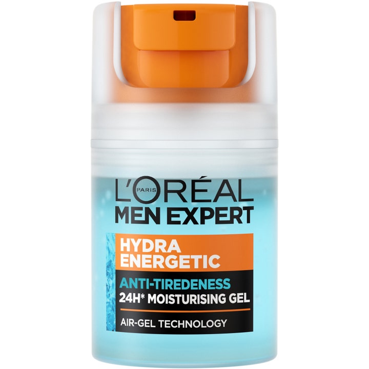 L’Oréal Men Expert Hydra Energetic 24h ansiktsgel ger fukt och energi i en pumpflaska med blå gel och orange detaljer