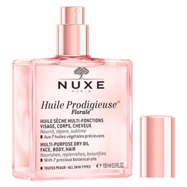 Nuxe Huile Prodigieuse Florale 100 ml vårdande ansiktsolja torr hud och hårolja spray i en rosa glasflaska med lös kork