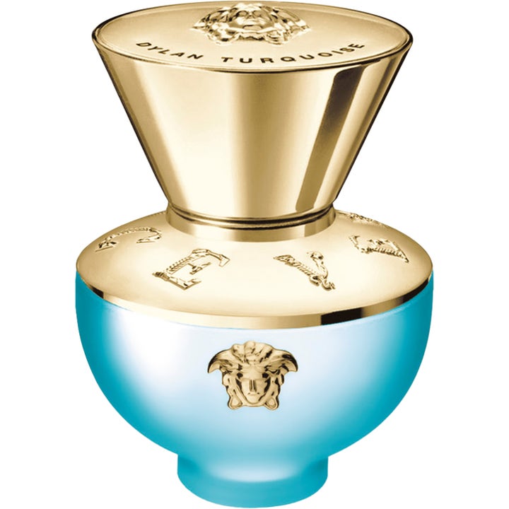 Versace Dylan Turquoise 30 ml eau de toilette i rund turkos glasflaska med brett guldfärgat lock och emblem
