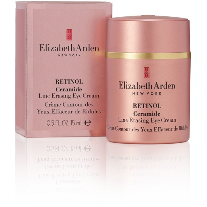 Elizabeth Arden Retinol Ceramide Eye Cream 15 ml anti-rynk retinol ögonkräm i rosa metallisk burk med gulddetaljer och ask.