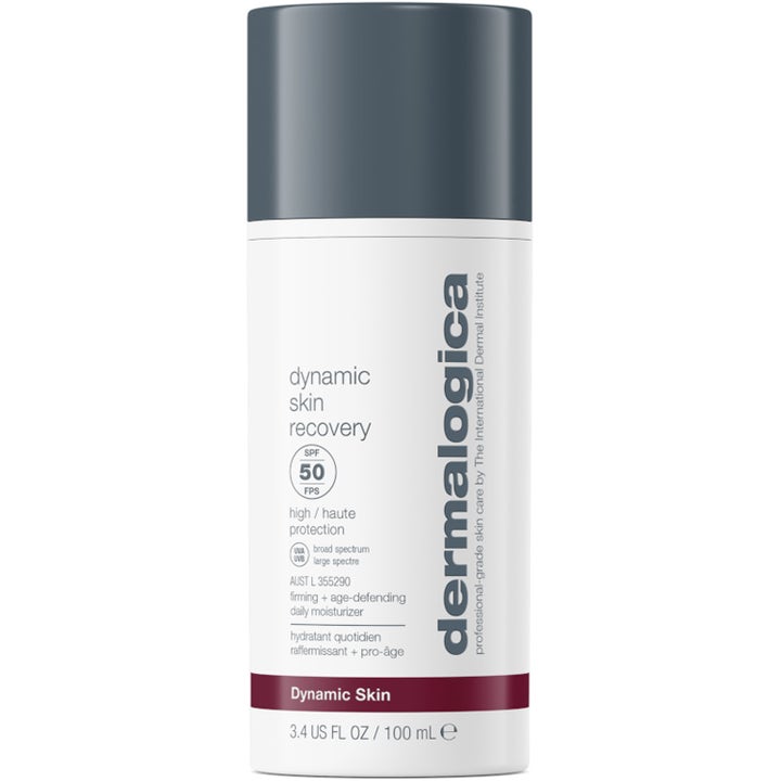 Dermalogica Dynamic Skin Recovery 100 ml fasthetsgivande dagkräm med SPF 50 i vit flaska med grått lock och vinröd rand