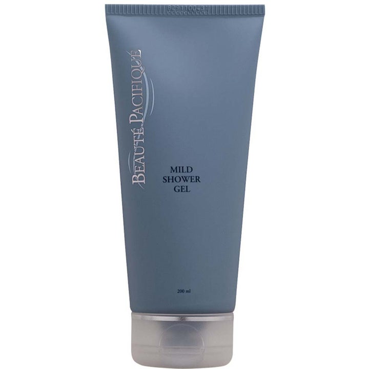 Beauté Pacifique Mild Shower Gel 200 ml lugnande duschtvål för torr hud i en matt gråblå tub.