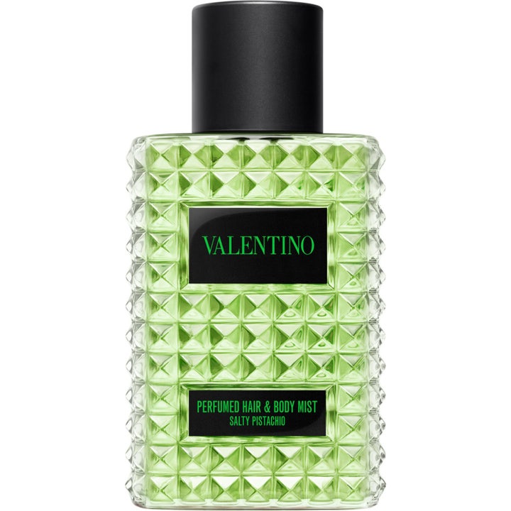 Valentino Born In Roma Hair and Body Mist Salty Pistachio 100 ml mist i glasflaska med nitar och grön vätska