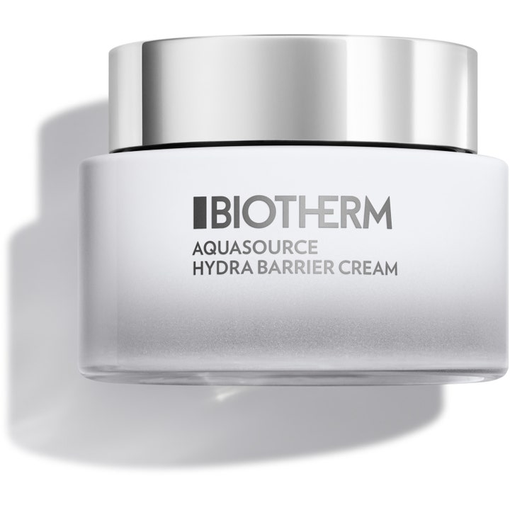 Biotherm Aquasource Hydra Barrier Cream barriärstärkande fuktkräm ansikte i en vit frostad glasburk med silverlock