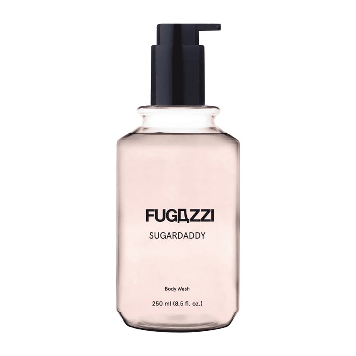 Fugazzi Sugardaddy 250 ml rengörande body wash i transparent plastflaska med svart pump och ljust rosa gel