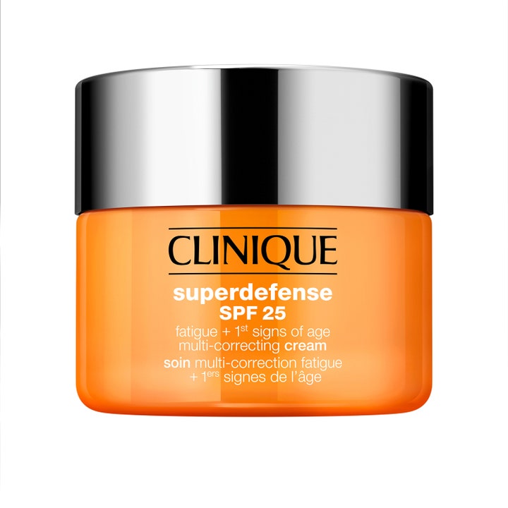 Clinique Superdefense SPF 25 50 ml anti age ansiktskräm som motverkar trötthetstecken i orange glasburk med silverlock