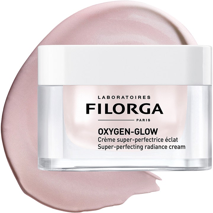 Filorga Oxygen-Glow Cream 50 ml lystergivande ansiktskräm för glödande hy med ljusrosa skimrande textur.
