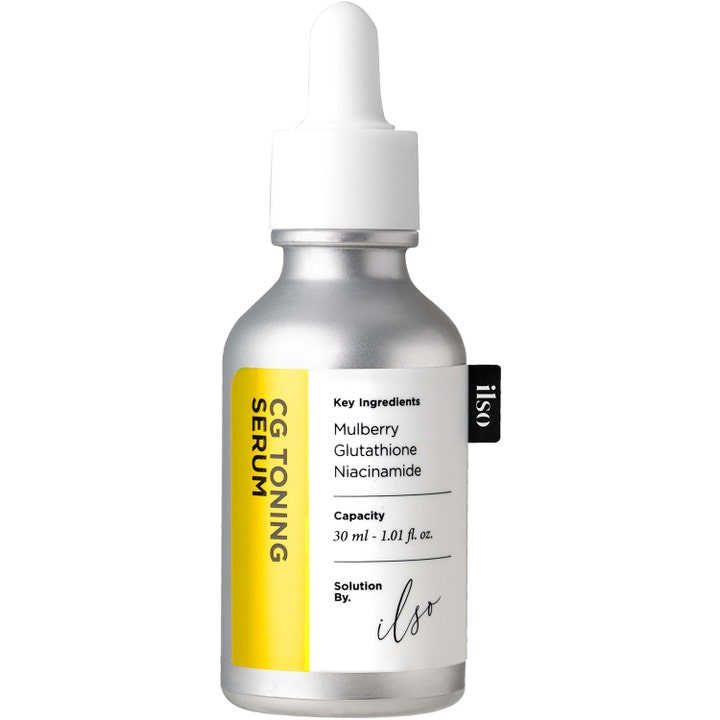 ilso CG Toning Serum 30 ml glutathione niacinamide serum mot pigmentering i silverflaska med vit pipett och gul etikett