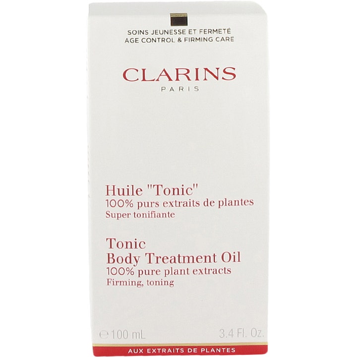 Clarins Tonic Body Treatment Oil 100 ml uppstramande kroppsolja för fast hud i vit ytterkartong