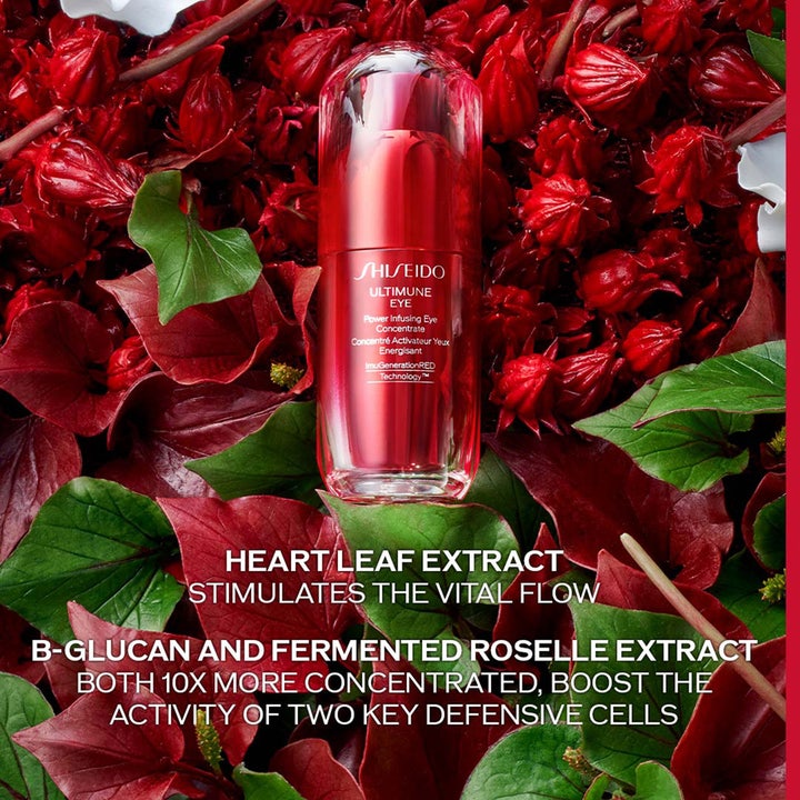 Shiseido Ultimune Power Infusing Eye Concentrate 15 ml anti age ögonkräm för mörka ringar bland röda blommor och blad.