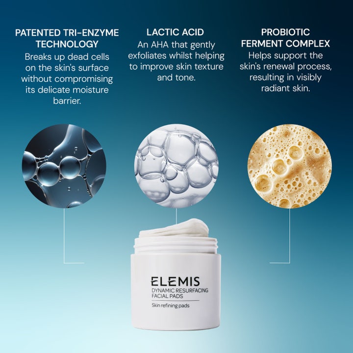 Elemis Dynamic Resurfacing Pads 60 st mot ojämn hudton visar resultat före och efter 14 dagars enzym exfoliering.