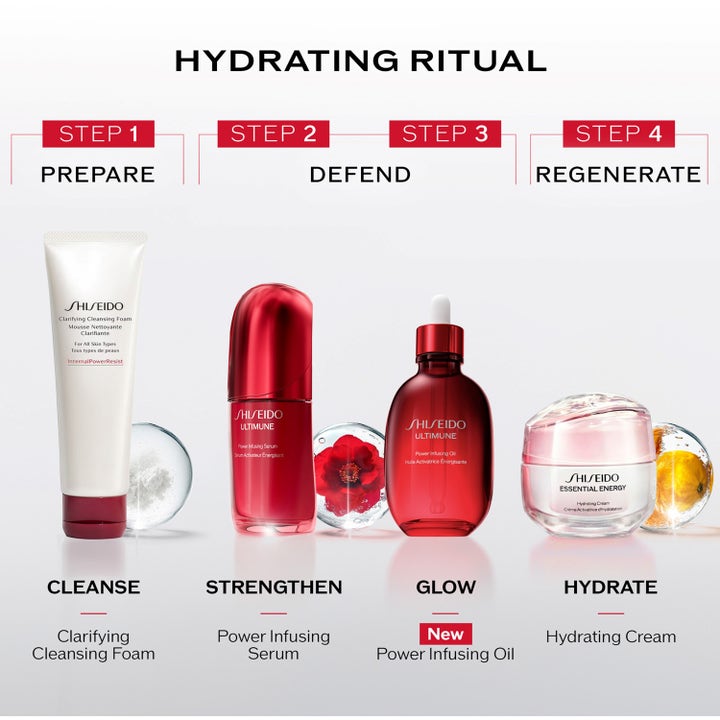 Shiseido Ultimune Power Infusing Oil 75 ml ansiktsolja för lyster i röd glasflaska som del av en hudvårdsrutin