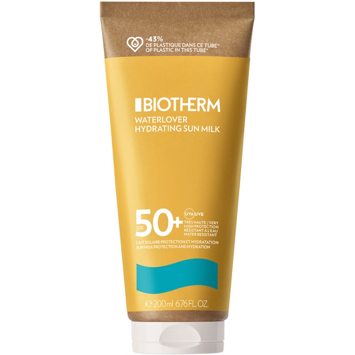 Biotherm Waterlover Hydrating Sun Milk 200 ml fuktgivande solmjölk i gul pappersbaserad tub med vitt lock